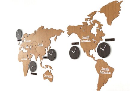 Vægur med verdenskort og 5 tidszoner