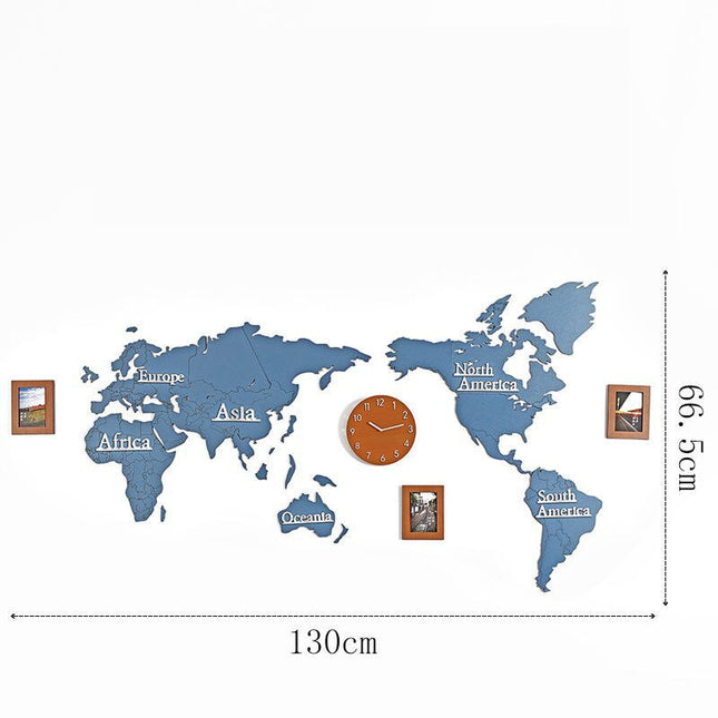 Verdenkort vægur i træ med fotorammer