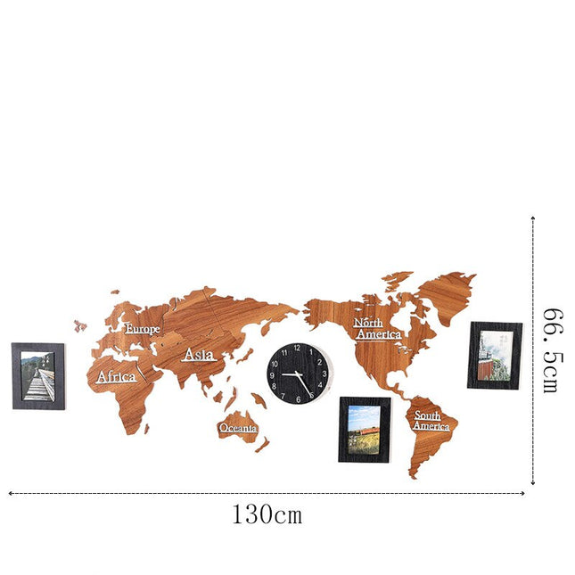 Verdenkort vægur i træ med fotorammer
