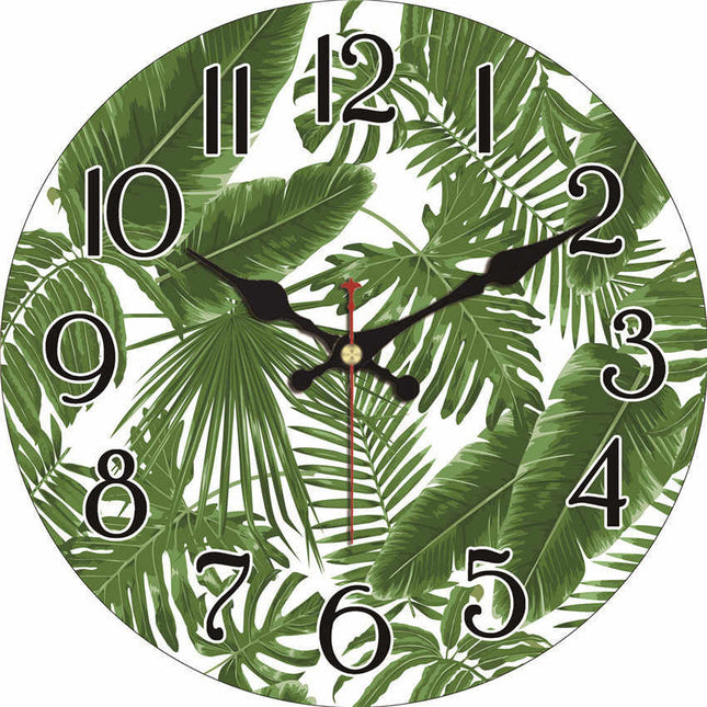 Vægur i træ med tropisk bladmotiv