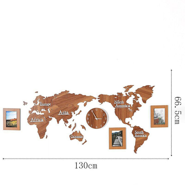 Verdenkort vægur i træ med fotorammer