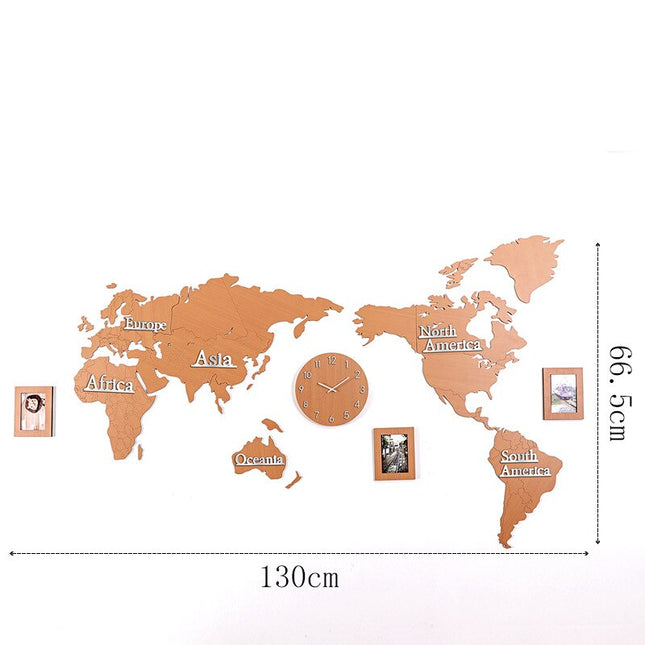 Verdenkort vægur i træ med fotorammer
