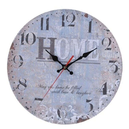 Gråt retro vægur med HOME tekst