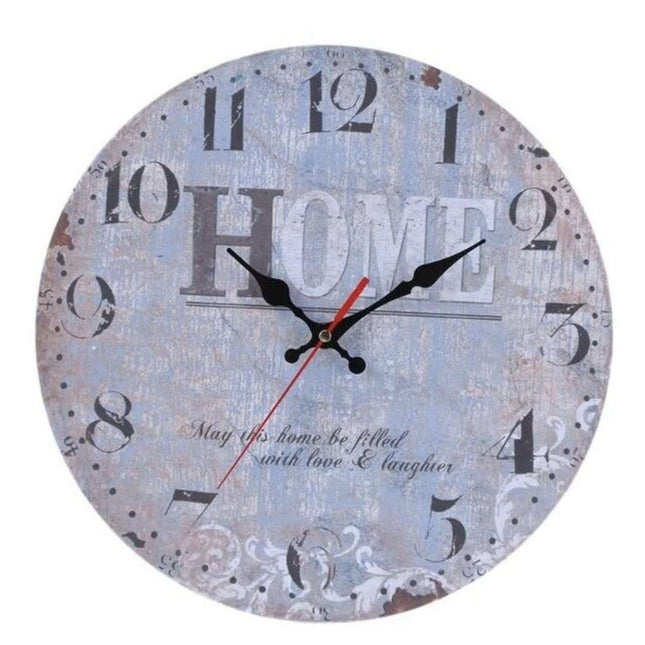 Gråt retro vægur med HOME tekst