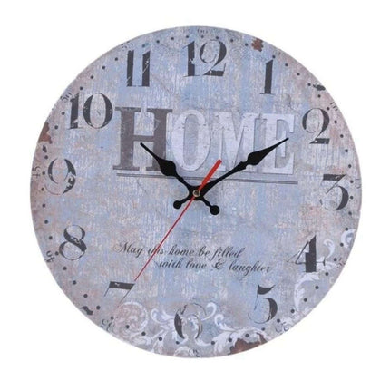 Gråt retro vægur med HOME tekst