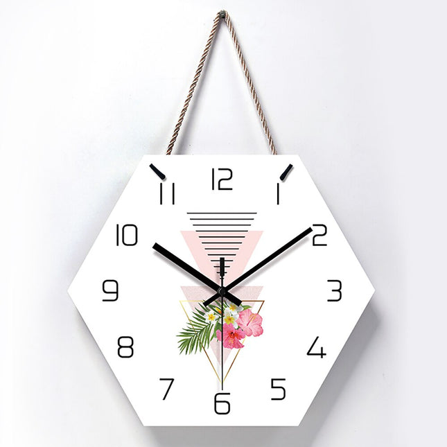 Sekskantet vægur med geometrisk blomsterdesign