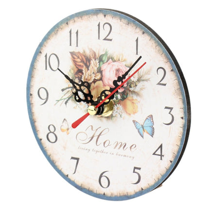 Vintage vægur i træ med blomstermotiv