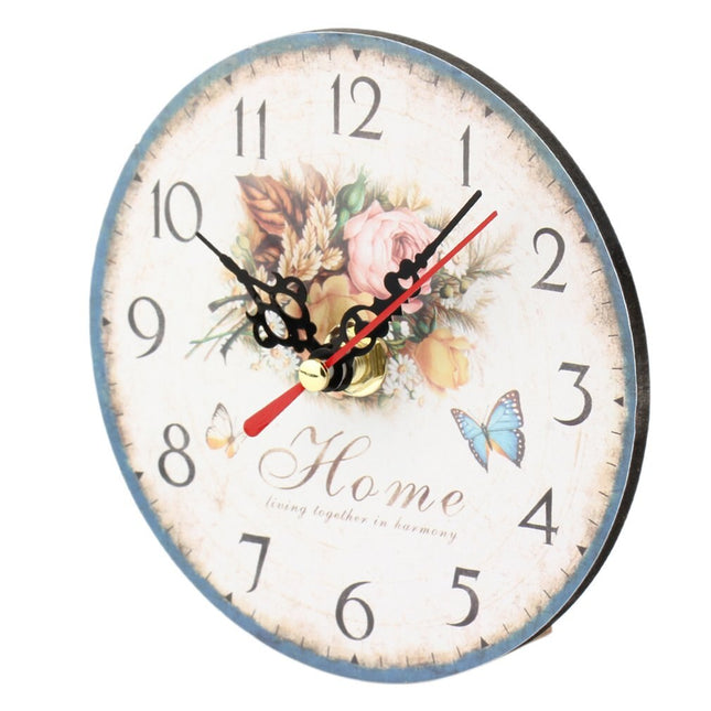 Vintage vægur i træ med blomstermotiv