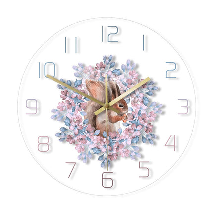 Dekorativt vægur med egern og blomster