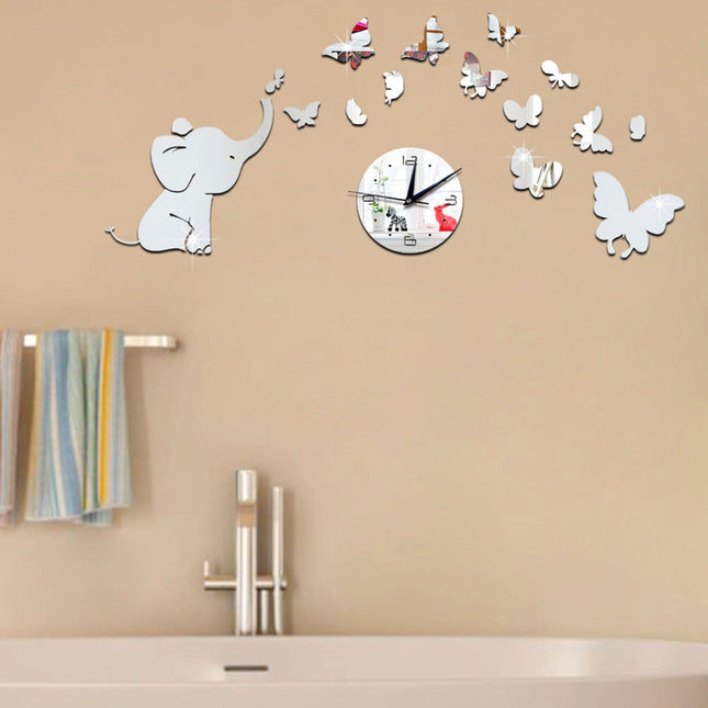 Vægur klistermærke med elefant sommerfugle