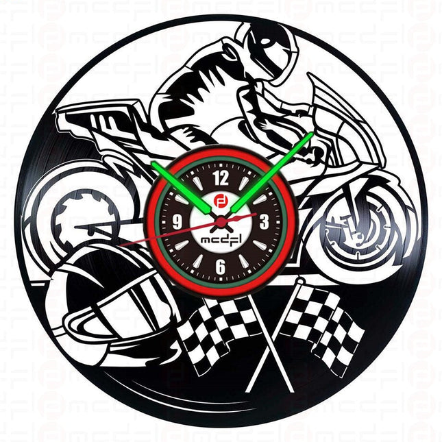 Motocross vinylplade vægur rød og grøn