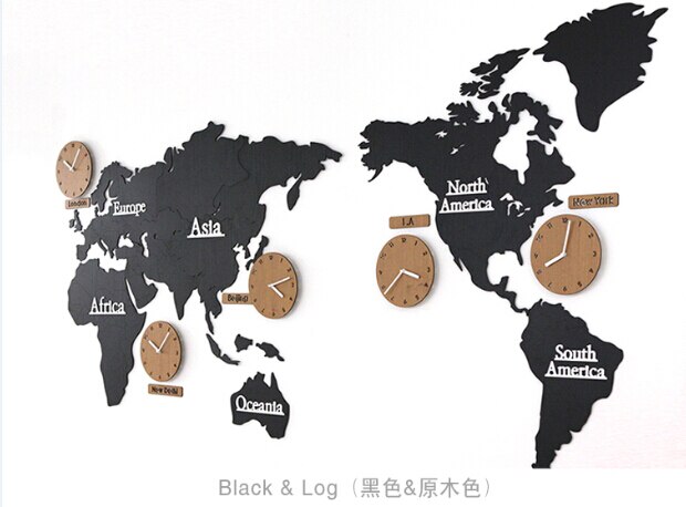 Vægur med verdenskort og 5 tidszoner