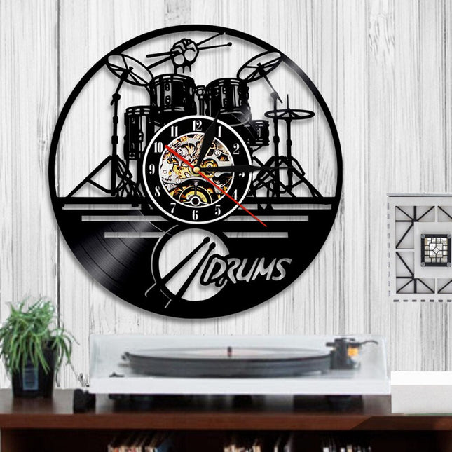 Vinylplade vægur med trommesæt design