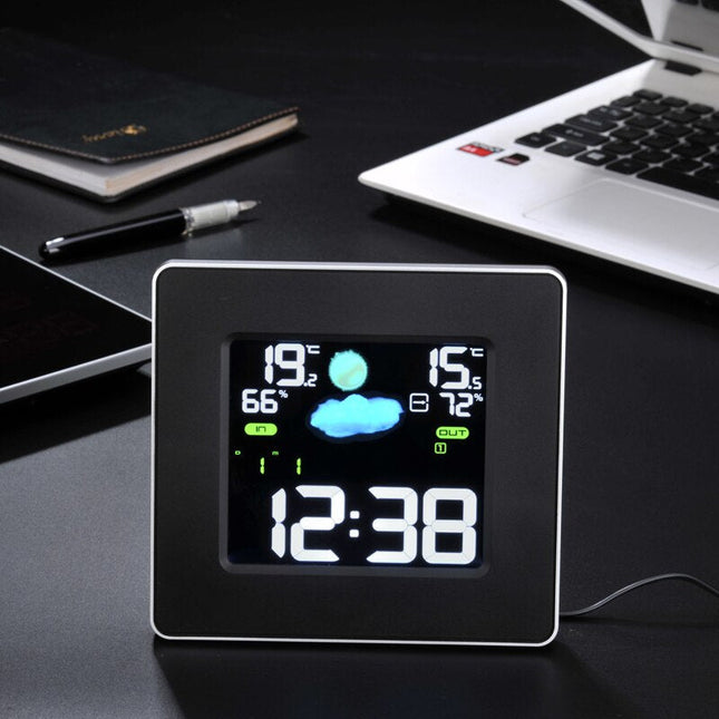 Firkantet digitalt vækkeur med vejrstation