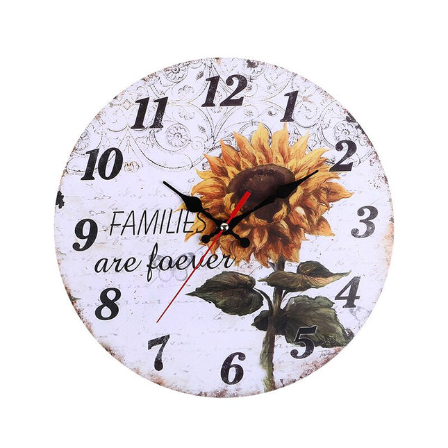 Vintage vægur i træ med solsikke