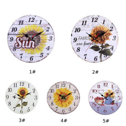 Vintage vægur i træ med solsikke