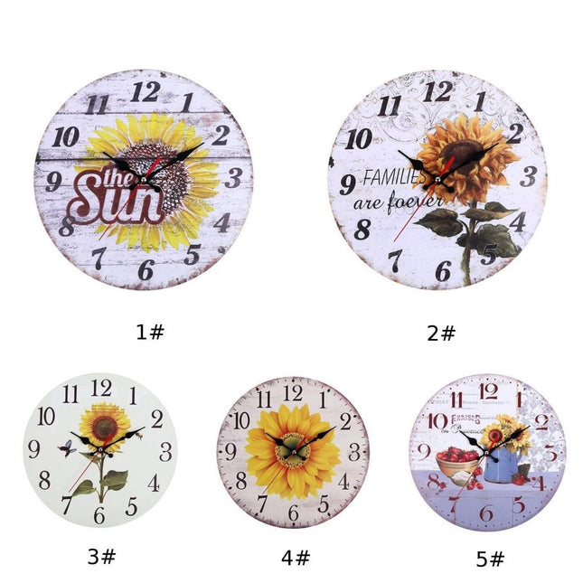 Vintage vægur i træ med solsikke