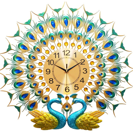 Stort vægur med to gyldne påfugle