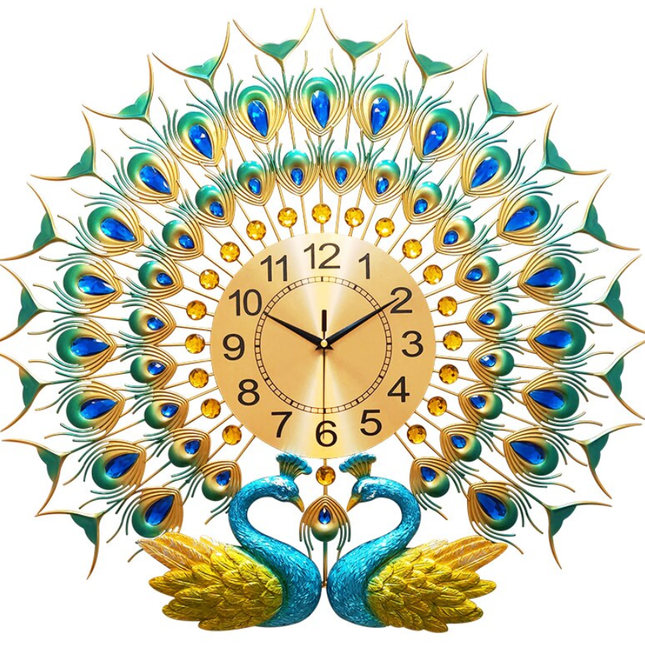 Stort vægur med to gyldne påfugle