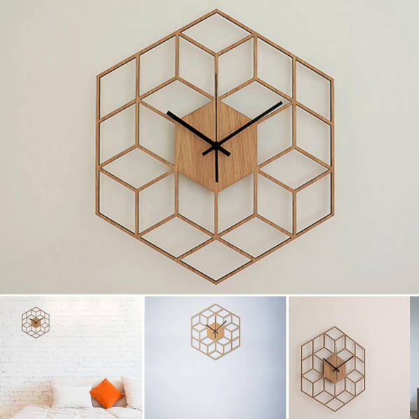 Geometrisk vægur i træ med 3D-effekt
