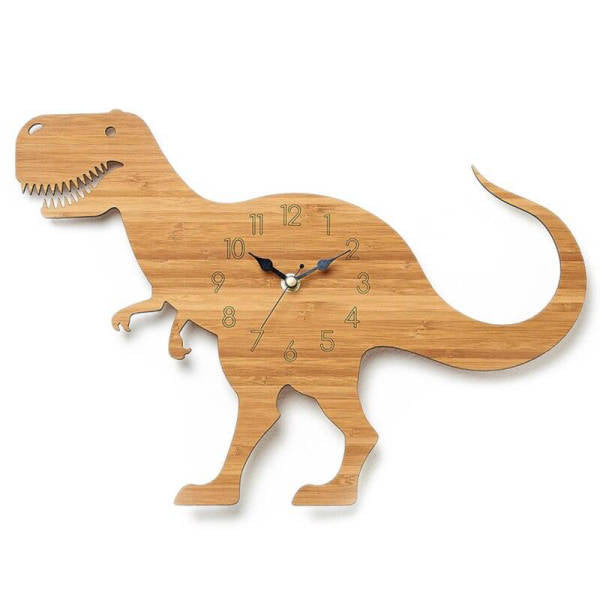 Vægur i træ formet som dinosaur