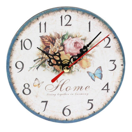 Vintage vægur i træ med blomstermotiv