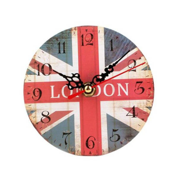 Vintage vægur i træ med London-flag