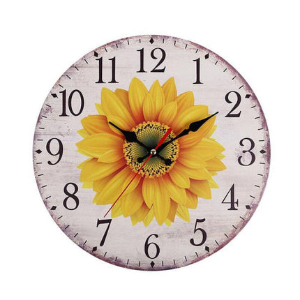 Vintage vægur i træ med solsikke