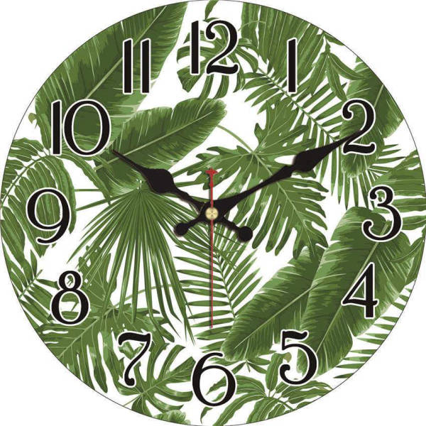 Vægur i træ med tropisk bladmotiv