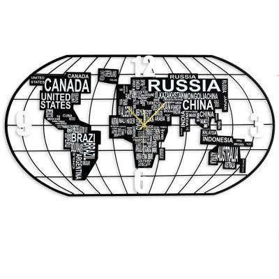 Stort metal vægur med verdenskort gitter