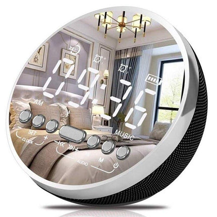 Rundt digitalt vækkeur med spejl