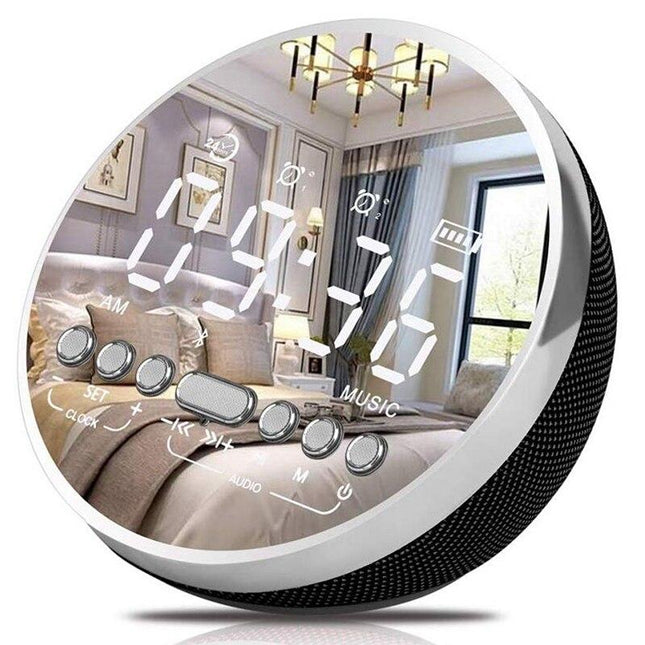 Rundt digitalt vækkeur med spejl